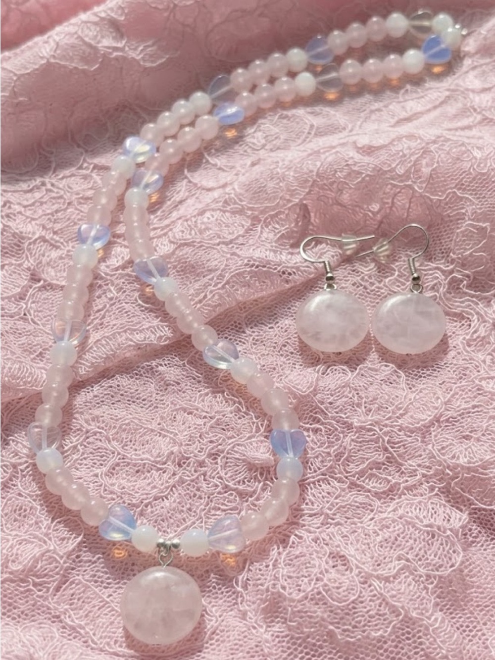 Frosted Rose Cake Necklace and Earring Set ( Rose Quartz, Opalite )